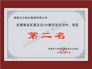 湖南省私營企業(yè)100強(qiáng)第二名（2006年）